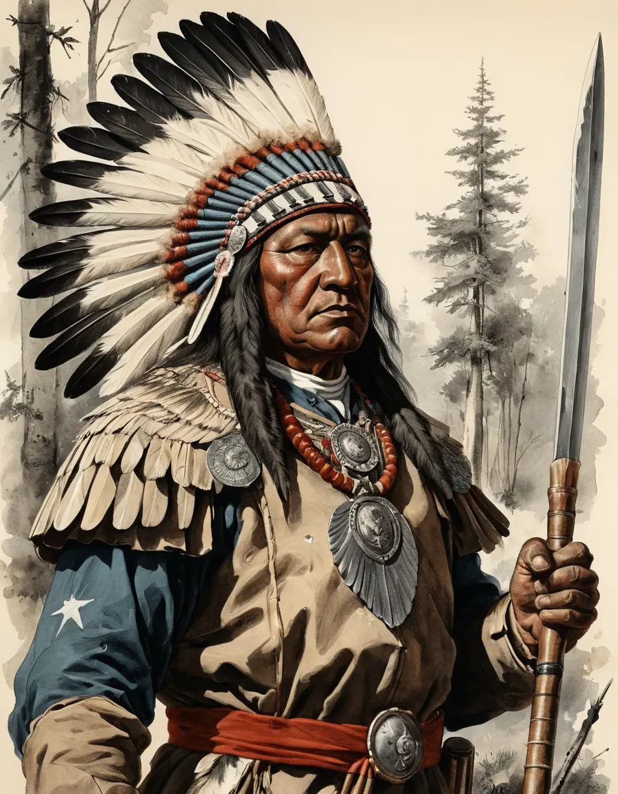 Ink illustration portrait of a warrior in forest battle gear