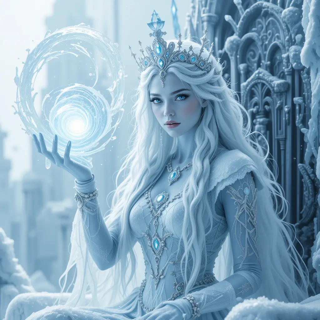 冬日魔法中冰封王座上的空靈冰雪女王