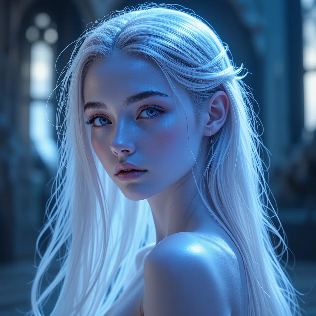 Luminescent Blue Skinned Fantasy Woman With Silver Hair