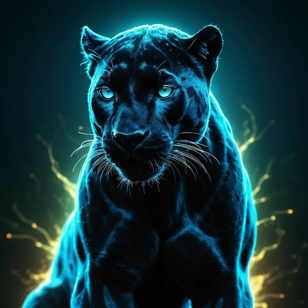 Close up of a glowing panther dissolving into particles