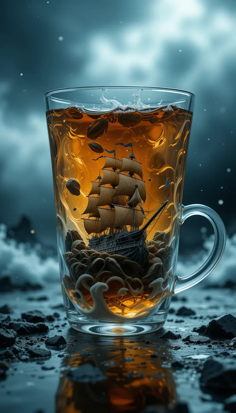 Stormy sea raging inside a translucent teacup