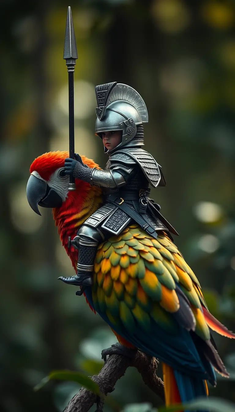 Tiny samurai knight riding a parrot in forest light
