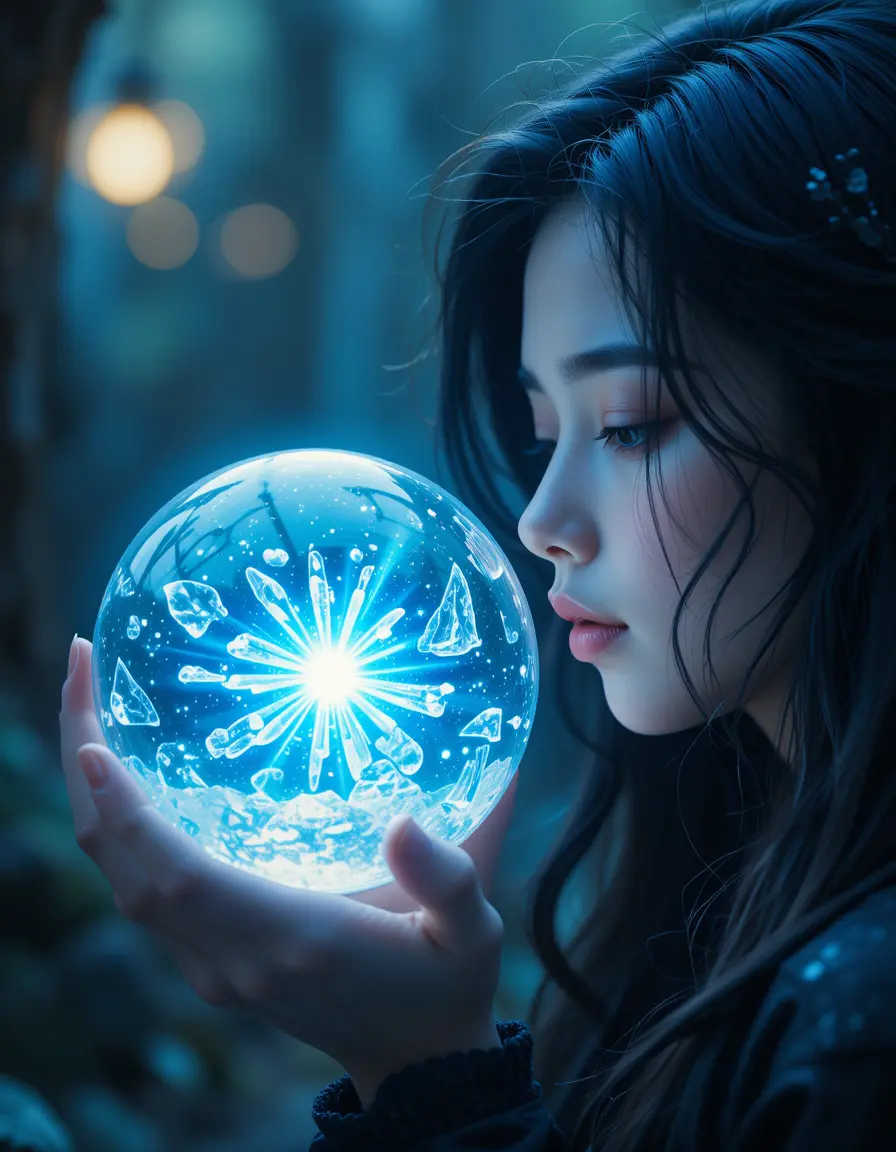 Young woman gazing into a glowing crystal orb