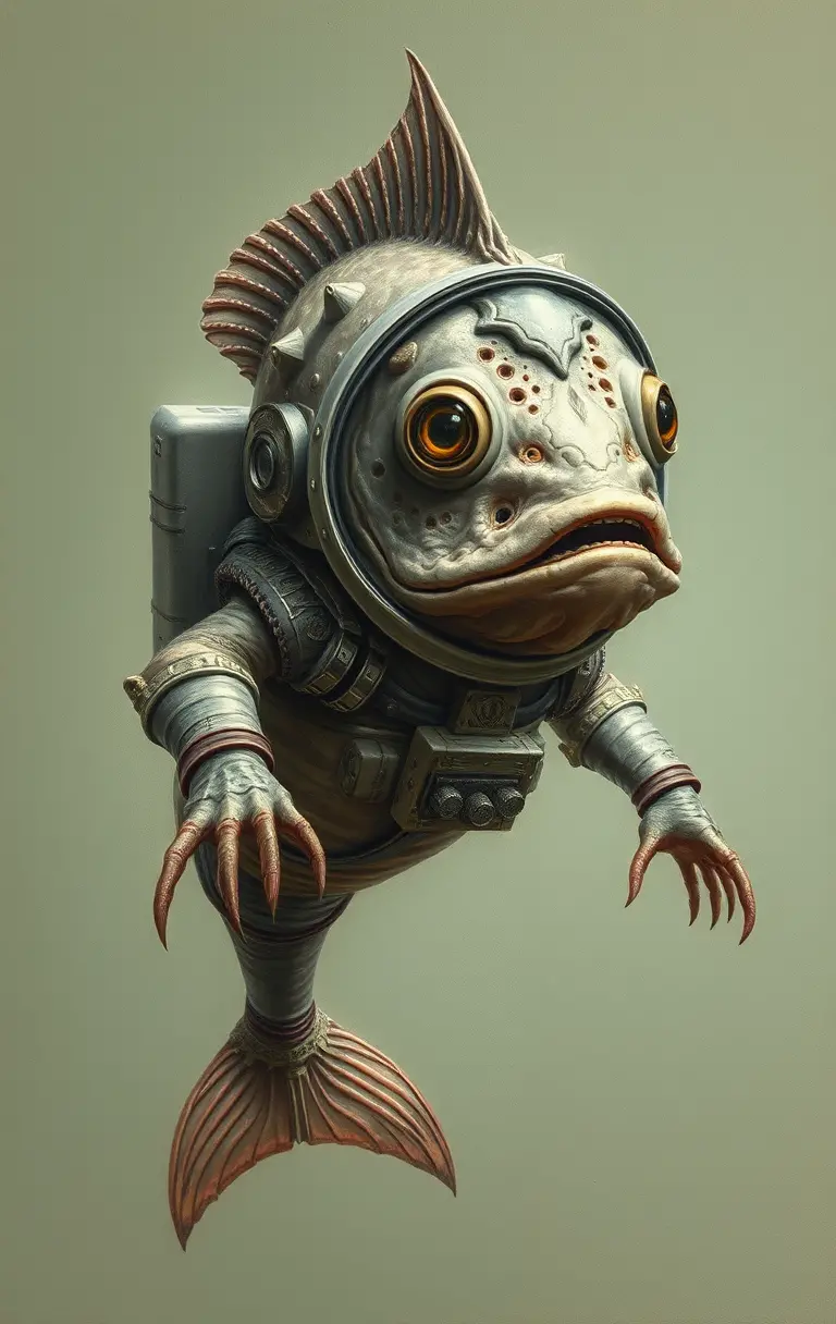 Sinister Astronaut Fish Leaping Through Vintage Outer Space