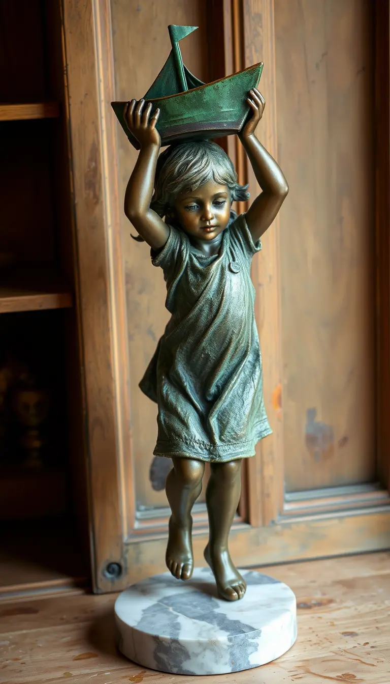 Bronze sculpture of girl lifting boat on marble base