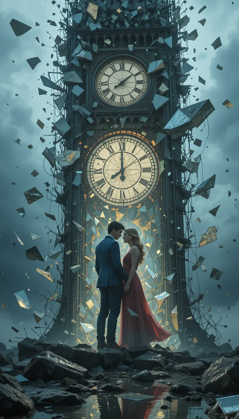 Surreal melting clock tower with floating glass shards