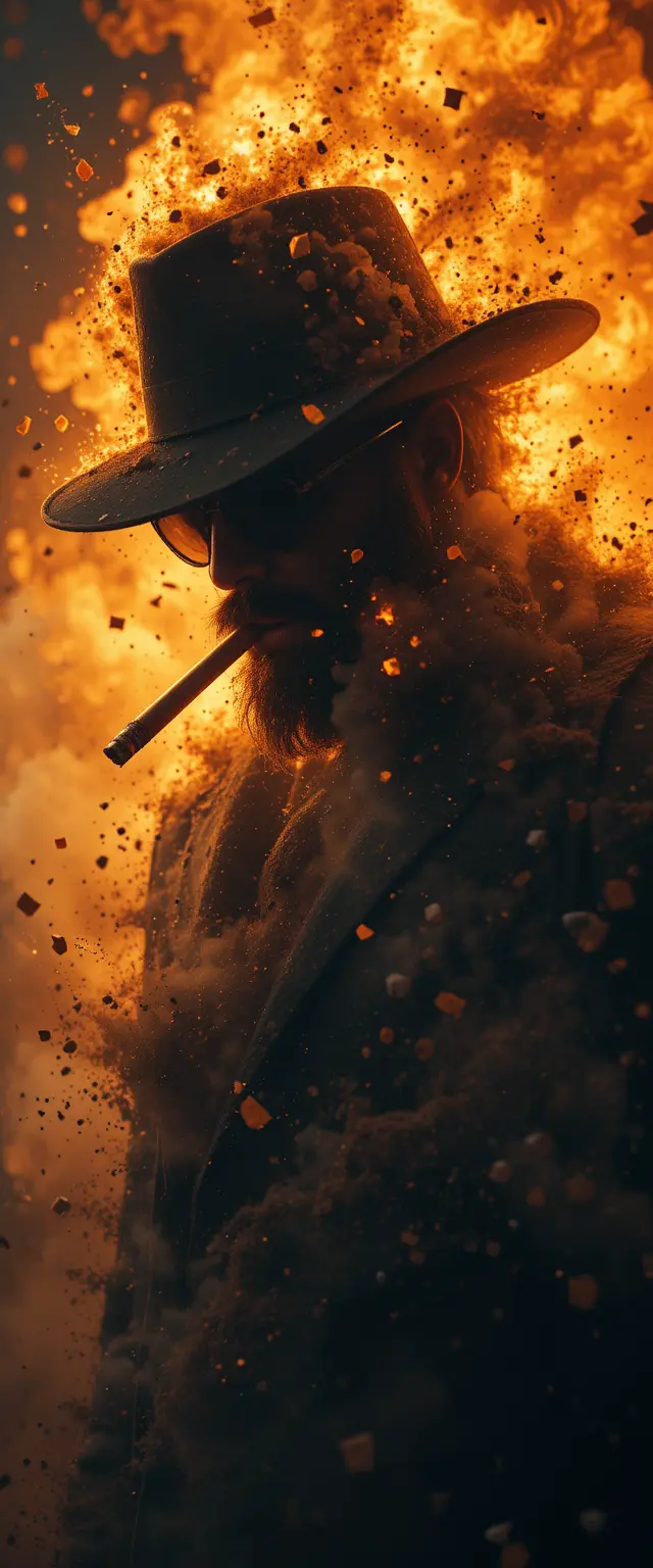 Indian gangster silhouette emerging from fiery explosion