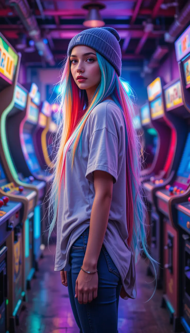 Woman with rainbow hair in a nostalgic arcade scene