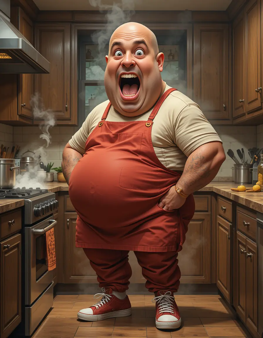 Bald chubby man cooking bean soup in detailed kitchen