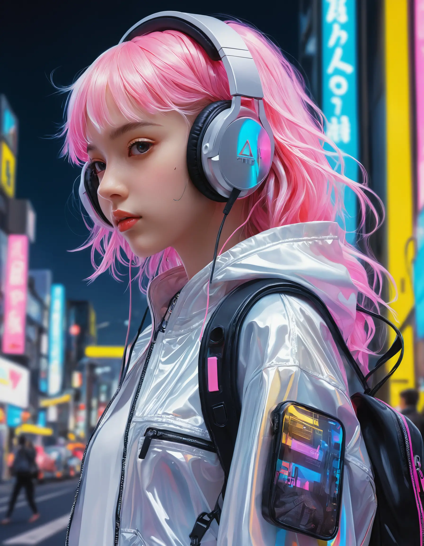 Anime girl in harajuku cyberpunk neon street fashion