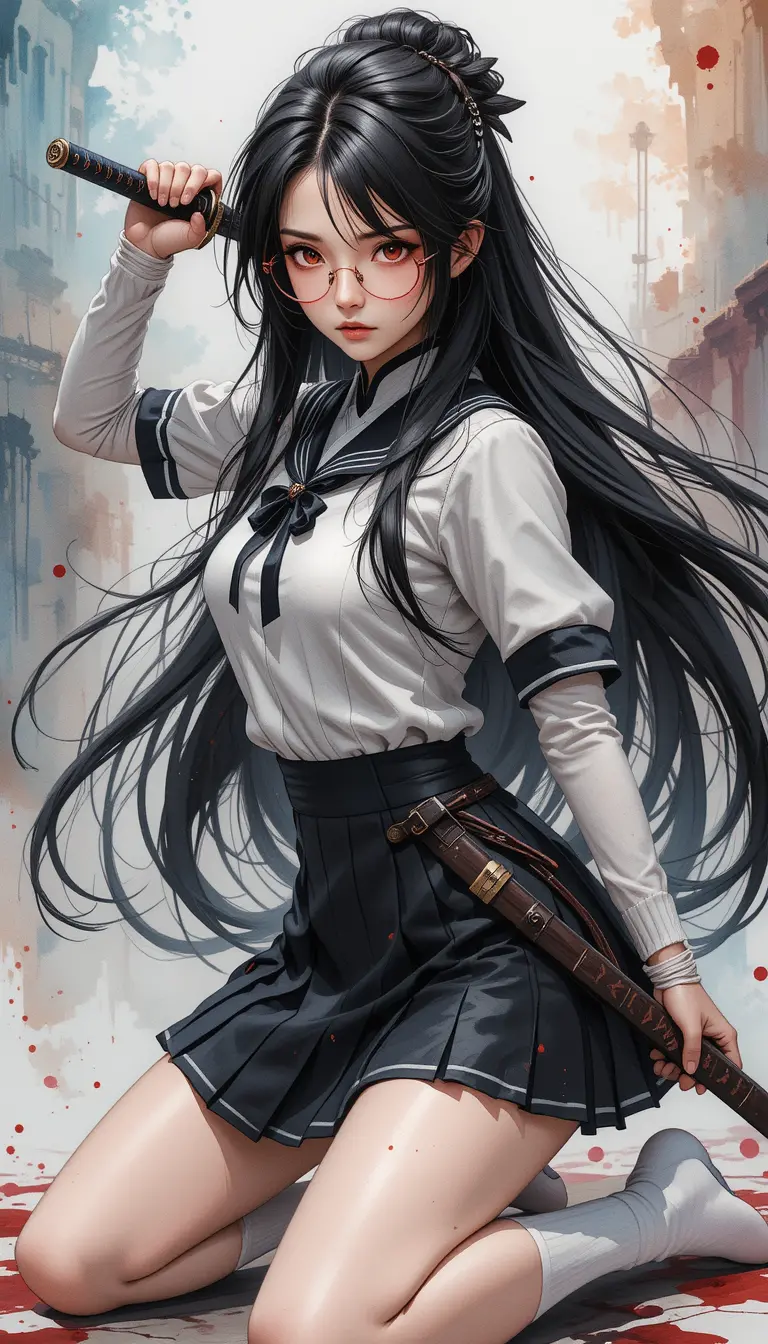 Anime warrior schoolgirl kneeling with katana in battle