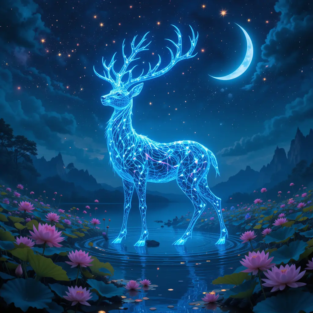 Mystical stag under a crescent moon by a calm lake