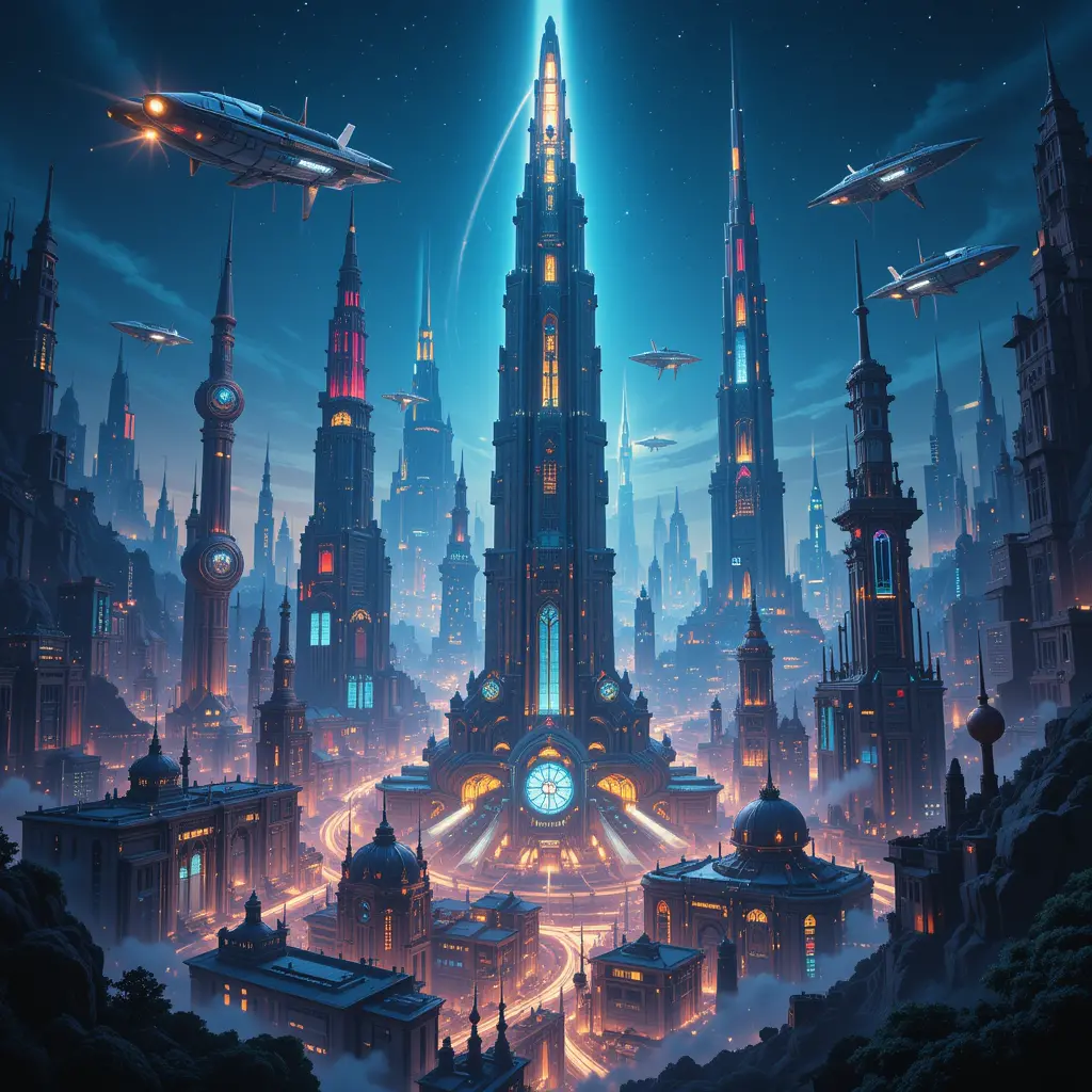 Futuristic cityscape with glowing skyscrapers and spaceships