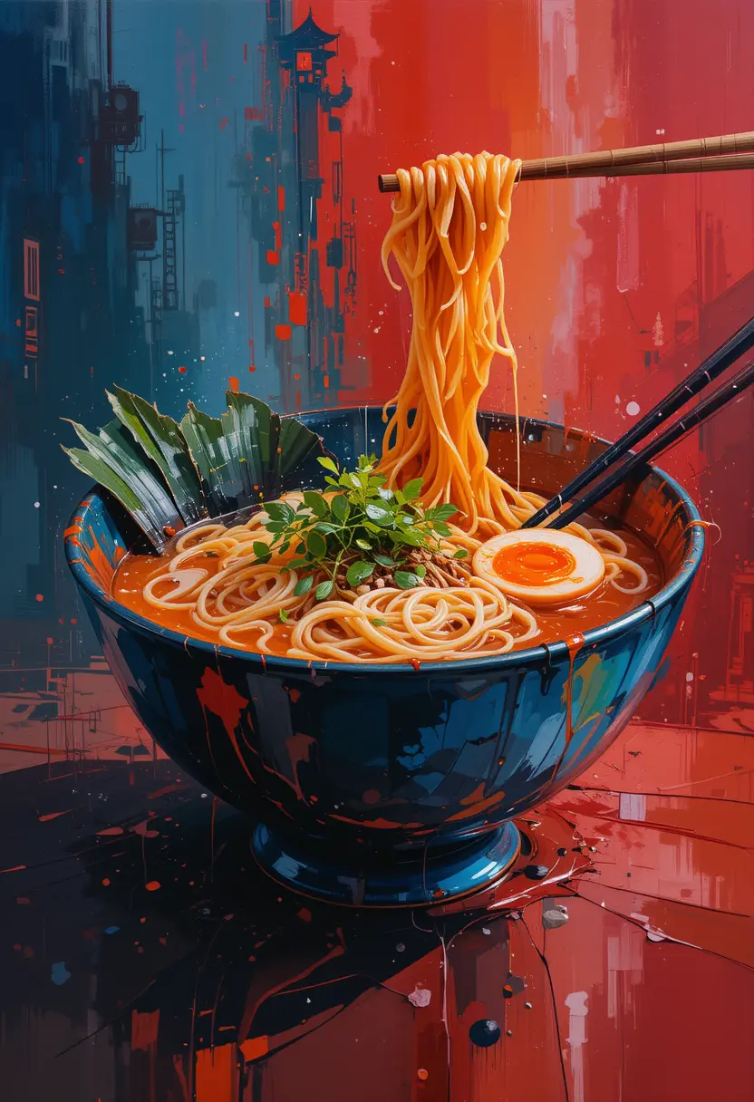 Abstract painting of a colorful ramen bowl with bold strokes