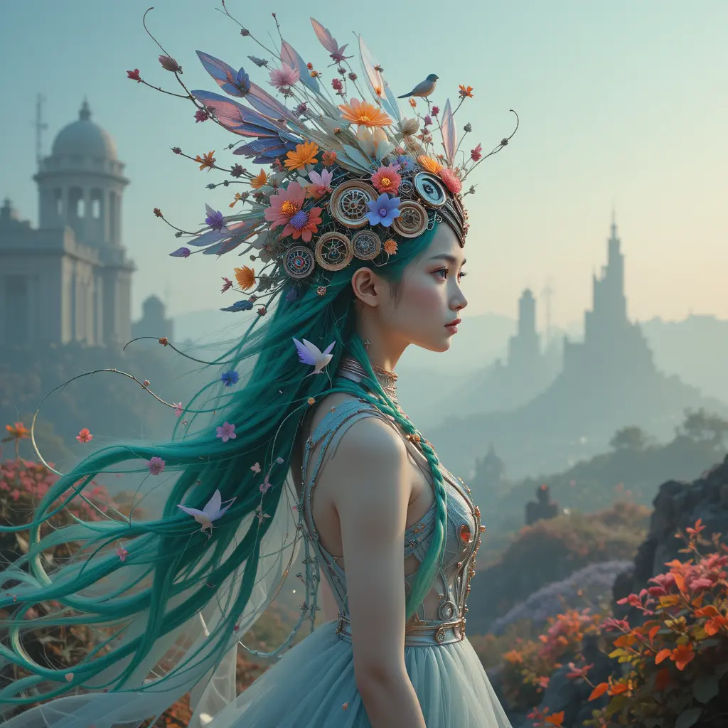 Japanese girl with biomechanical headdress in surreal ruins