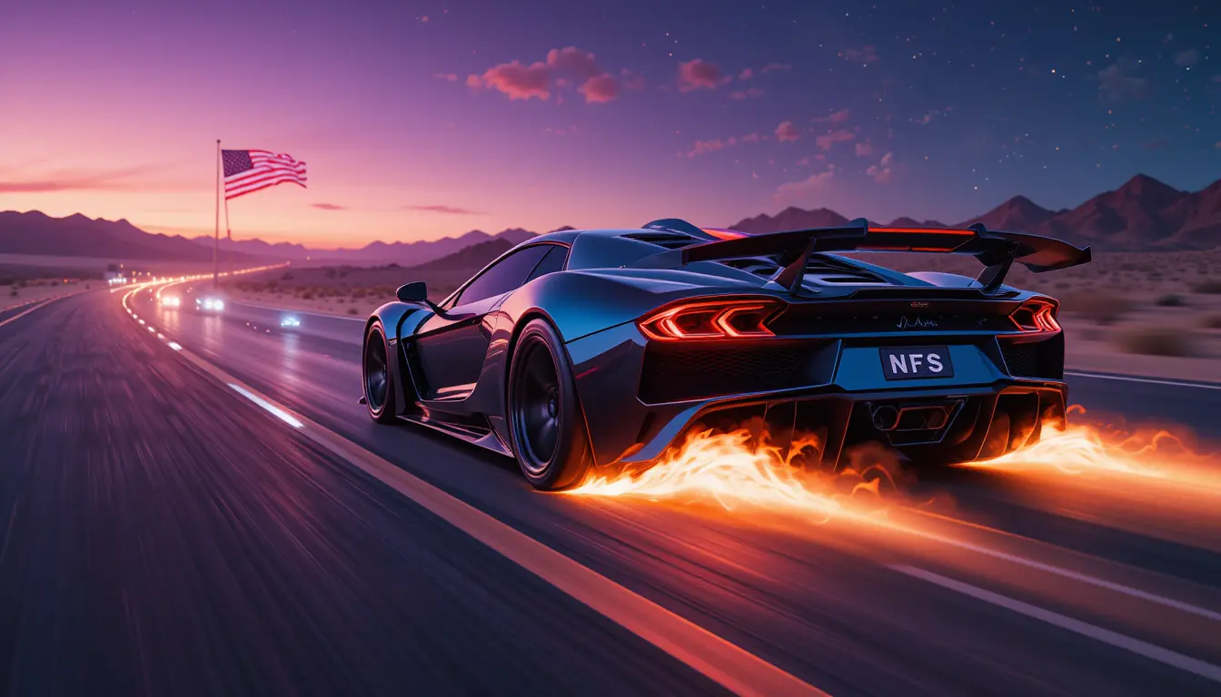 Futuristic sports car racing on neon highway at night