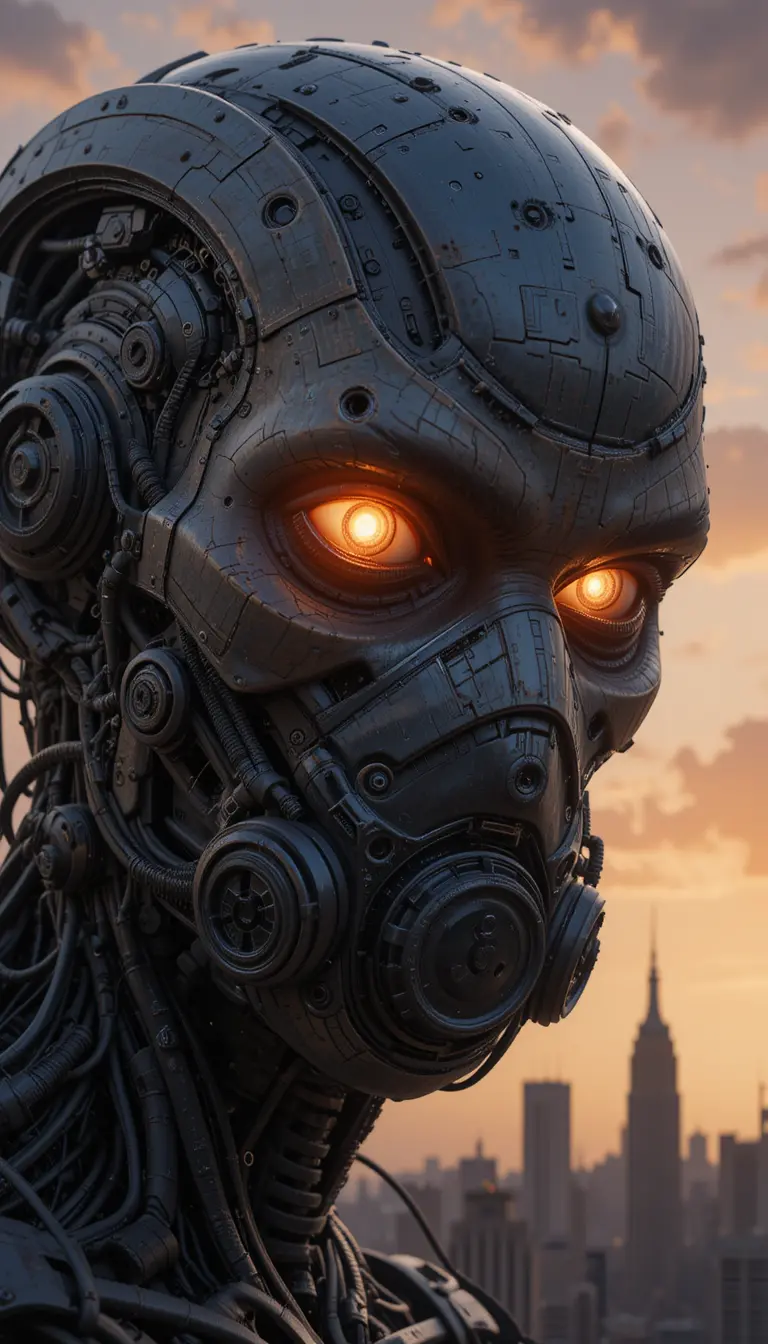 Mechanical humanoid robot head with glowing eyes in city