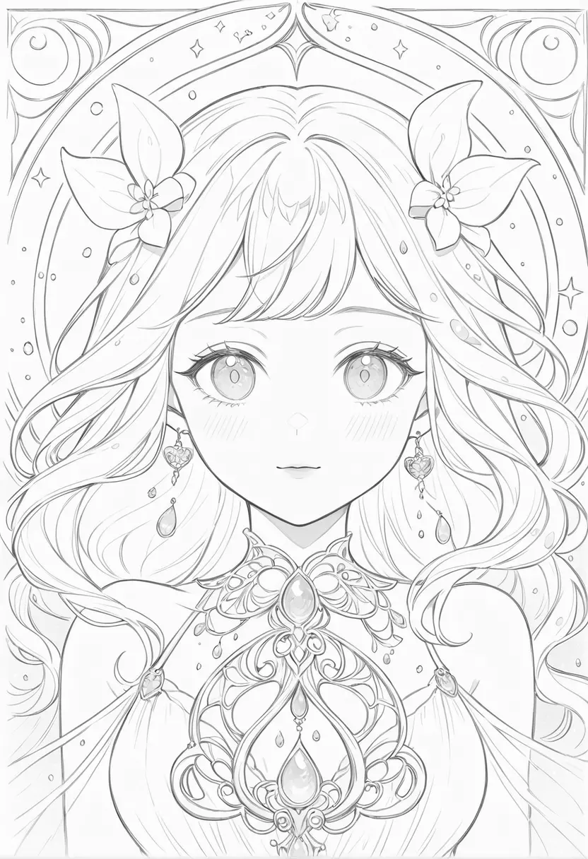 Sunlit cartoon portrait of a serene shimmering lady