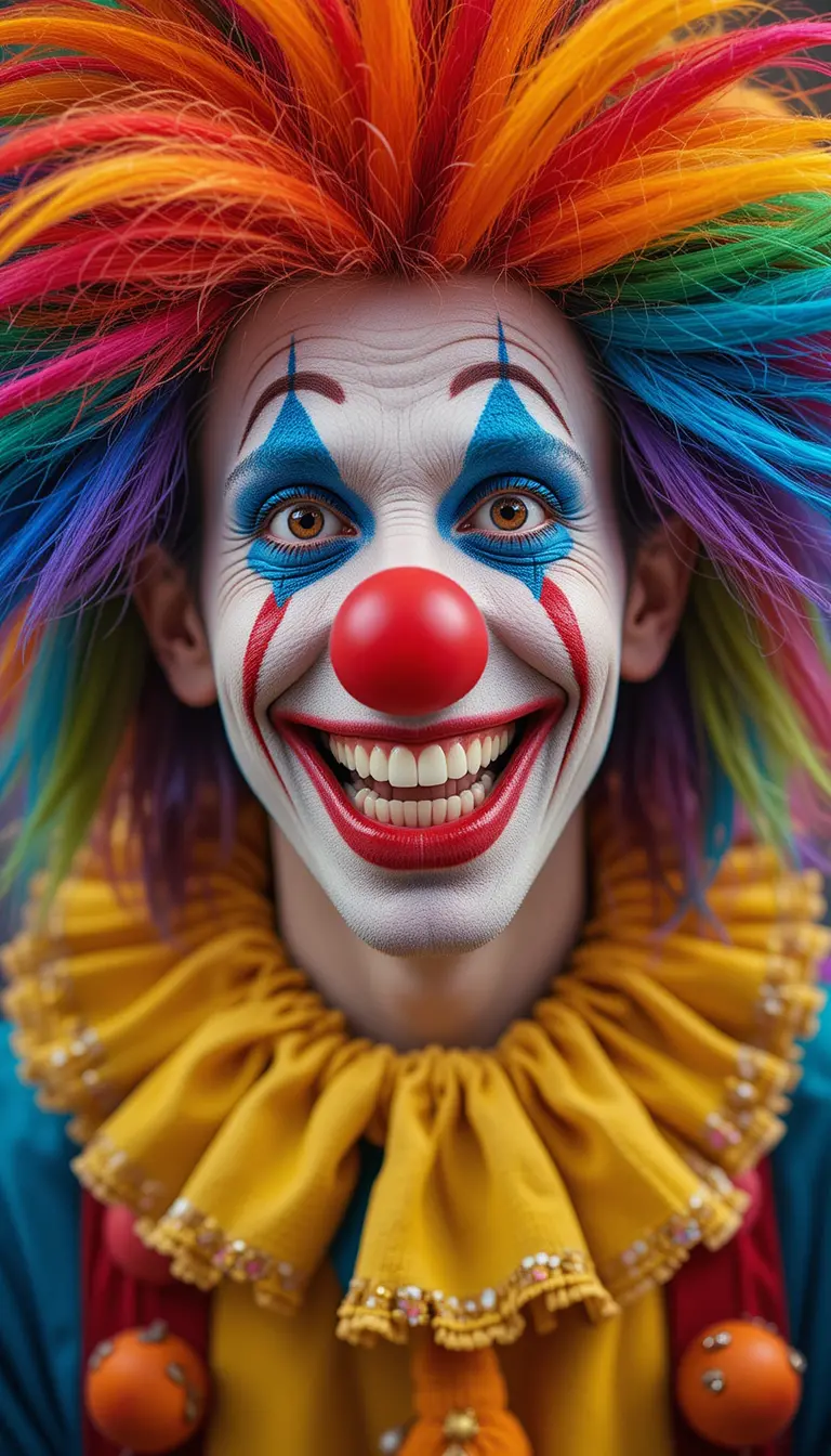 Colorful clown with rainbow wig and red rubber nose