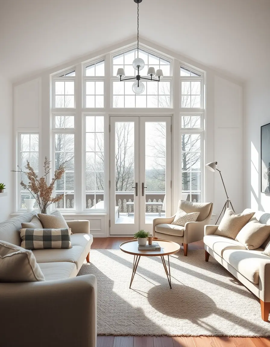Scandinavian living room with sofa and french doors