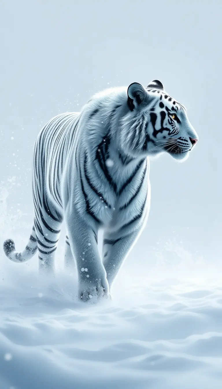 White tiger walking through snow in serene digital art