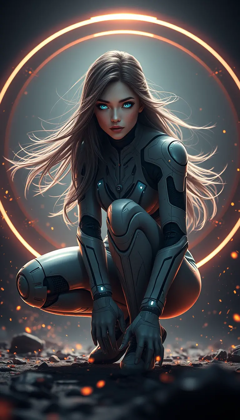 Future android warrior kneeling in glowing cyberpunk light
