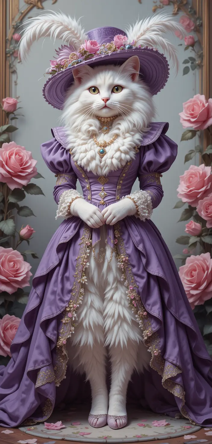 Regal White Cat In Purple Rococo Dress With Roses