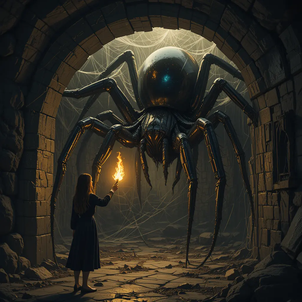 Woman with torch discovers giant spider in dark alcove