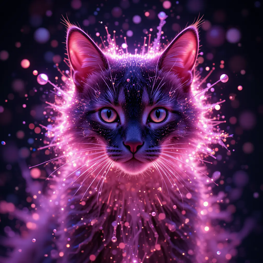 Close up of a glowing particle cat in ethereal light