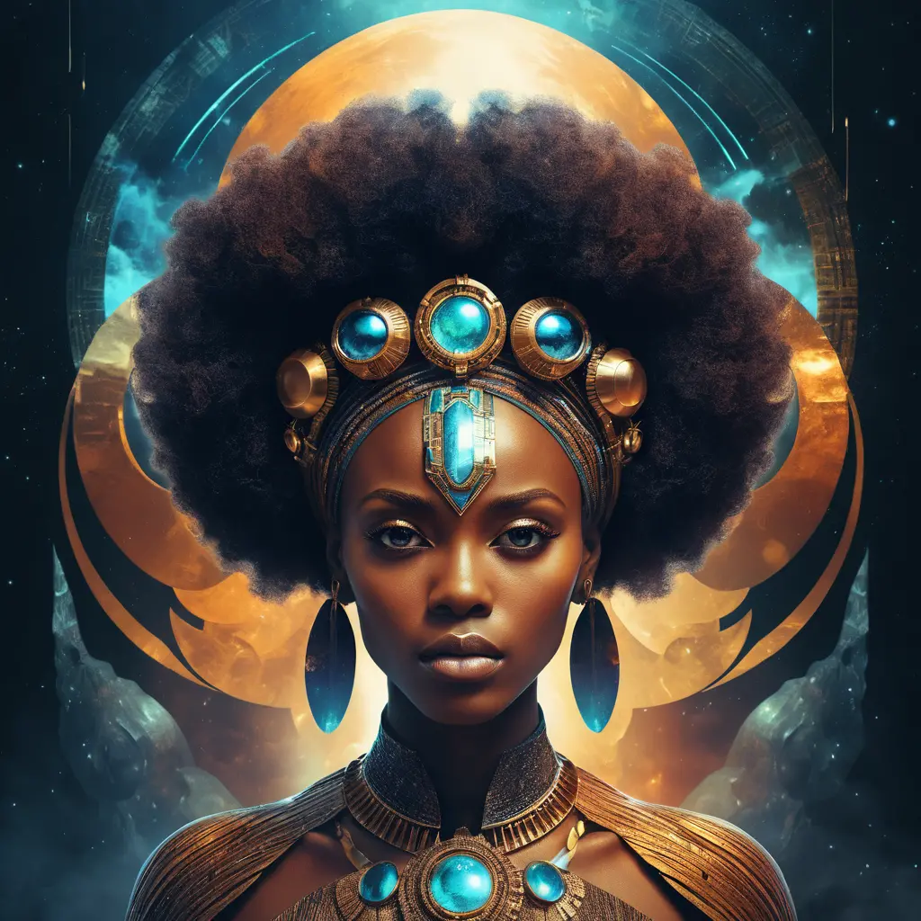Ethereal mythical woman in futuristic digital collage portrait