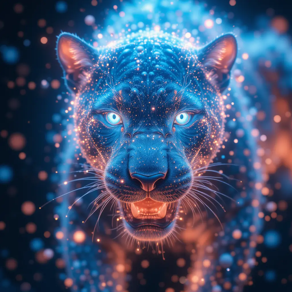 Close up panther dissolving into glowing cyan particles