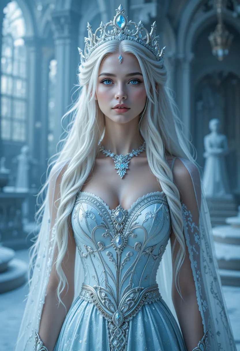 Ice princess woman in elegant crystal dress portrait