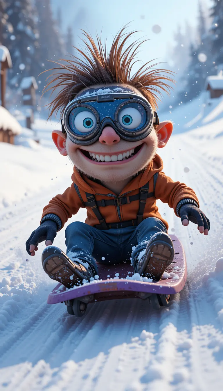 Goofy creature sledding down a snowy slide in pixar style