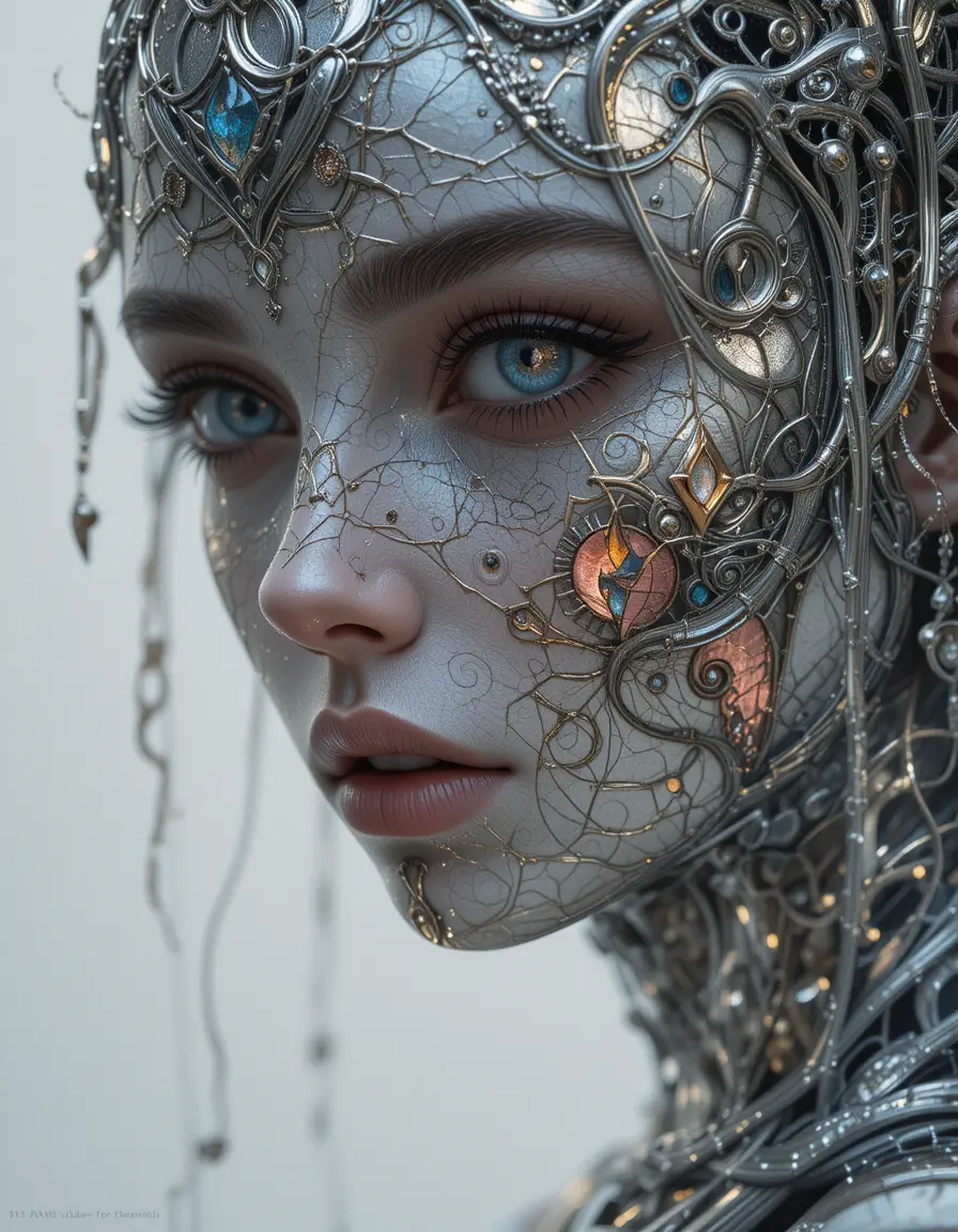 Mysterious female face in silver leotard portrait illustration