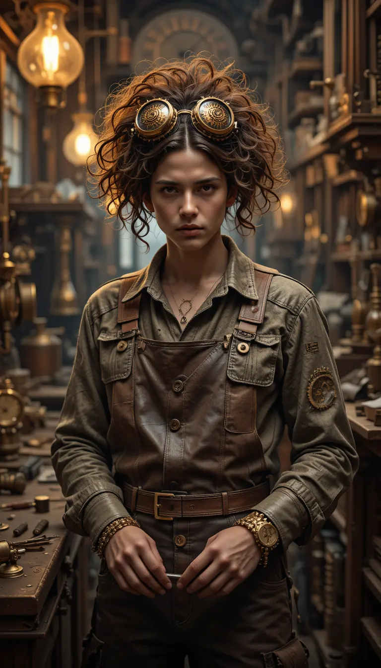 Inventore steampunk in un laboratorio disordinato e illuminato
