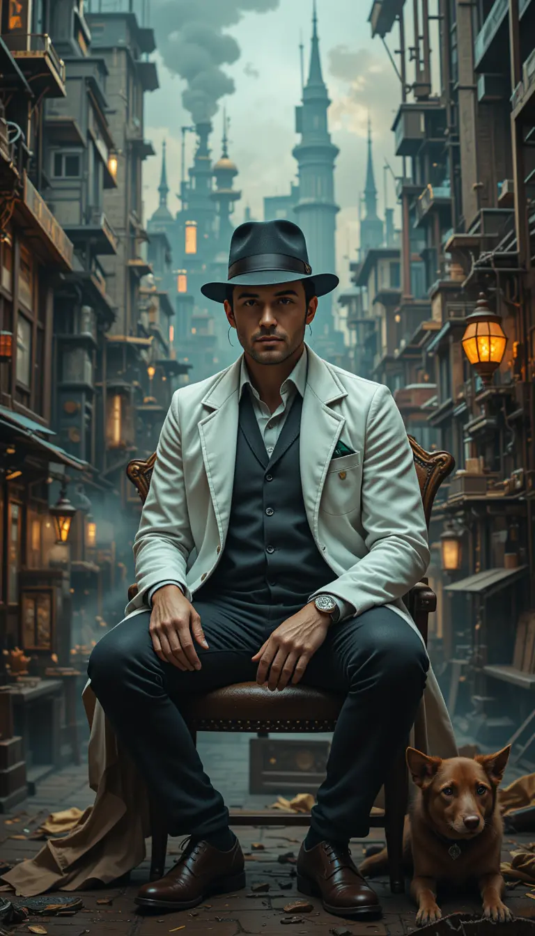 Man Sitting On Chair With Dog In Steampunk City