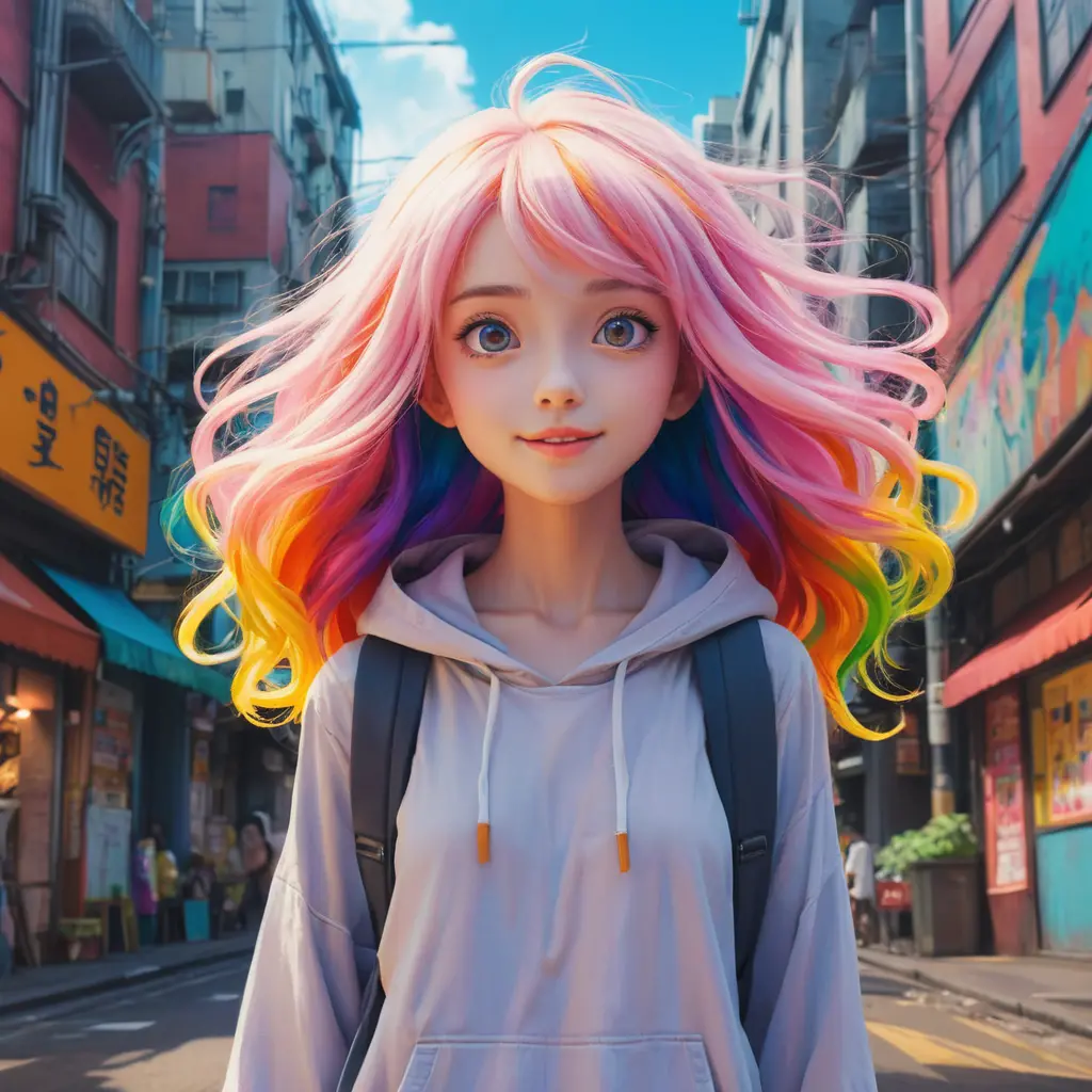 Anime girl with flowing colorful hair in urban fantasy city