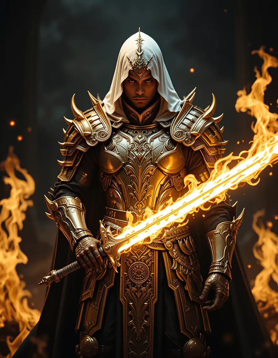 Golden armored warrior with fiery glowing sword