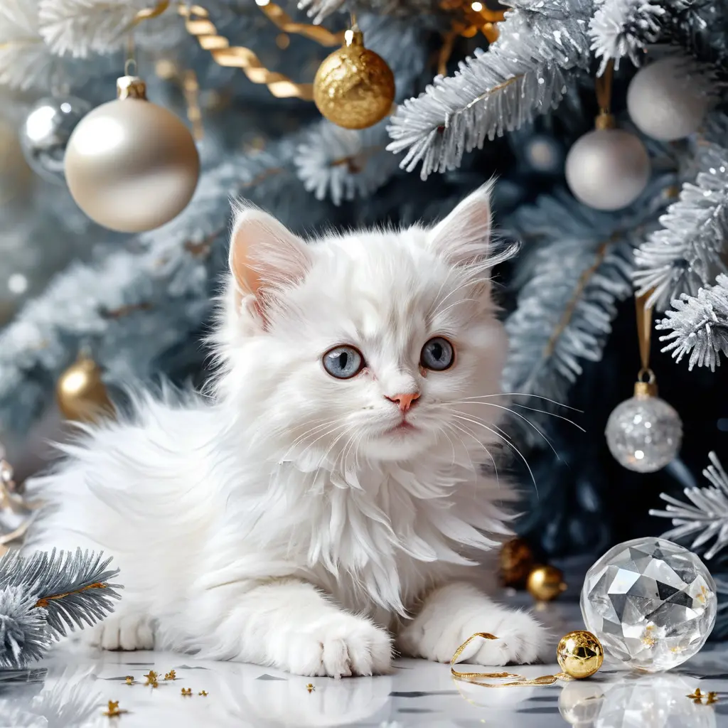White kitten playing ribbons by a silver christmas tree