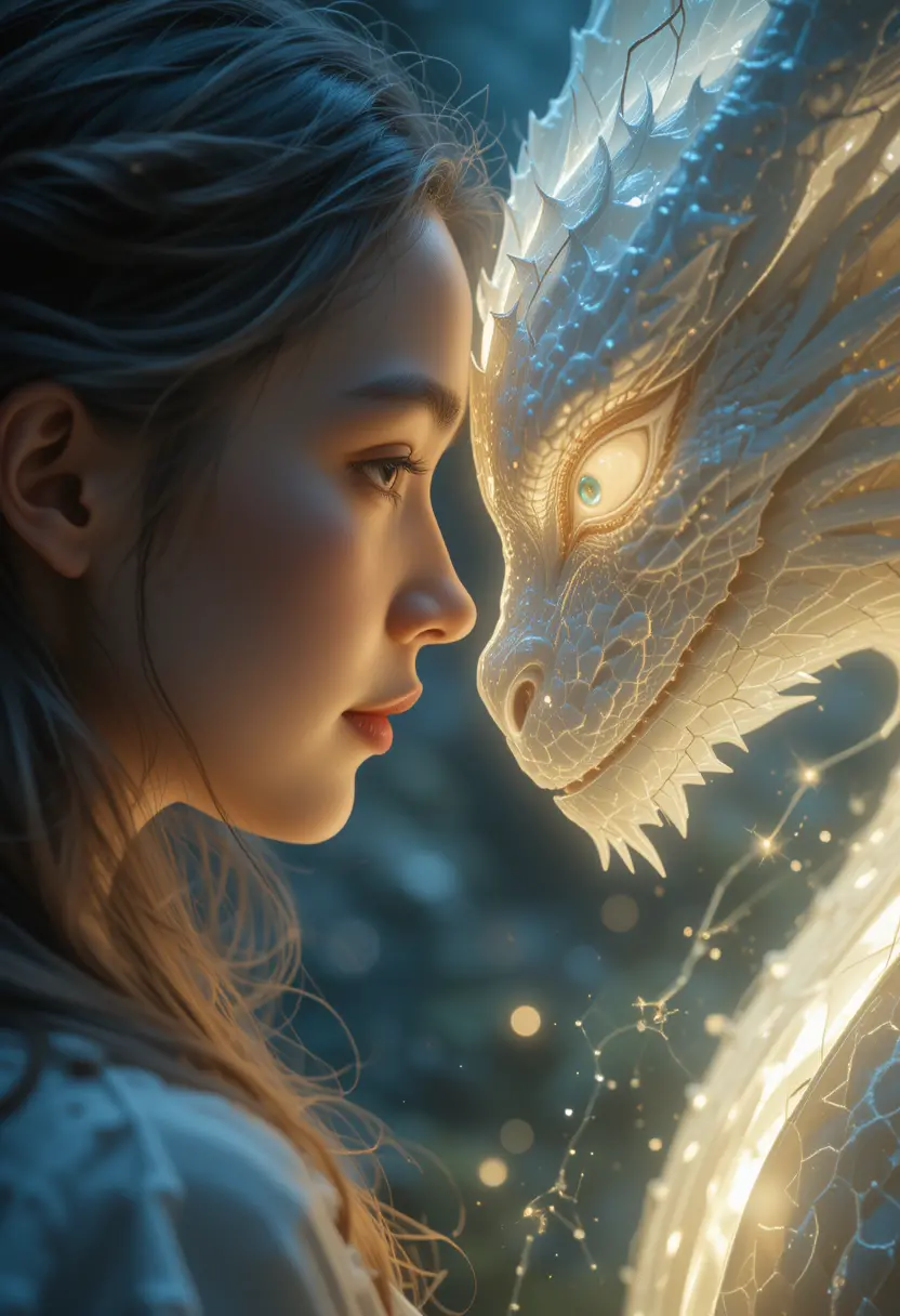 Emotional close up of girl bonding with white dragon