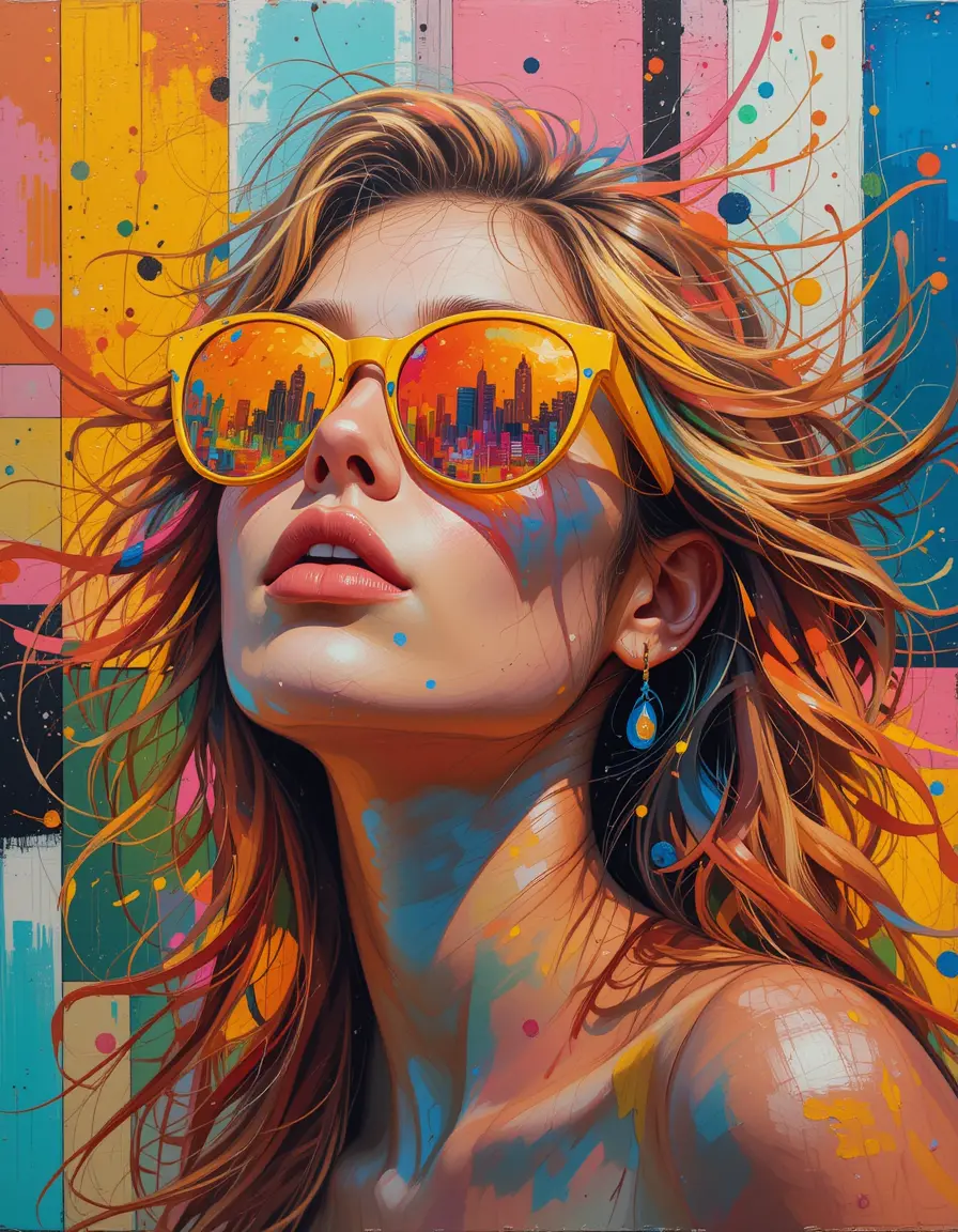 Vibrant woman portrait with abstract city reflections