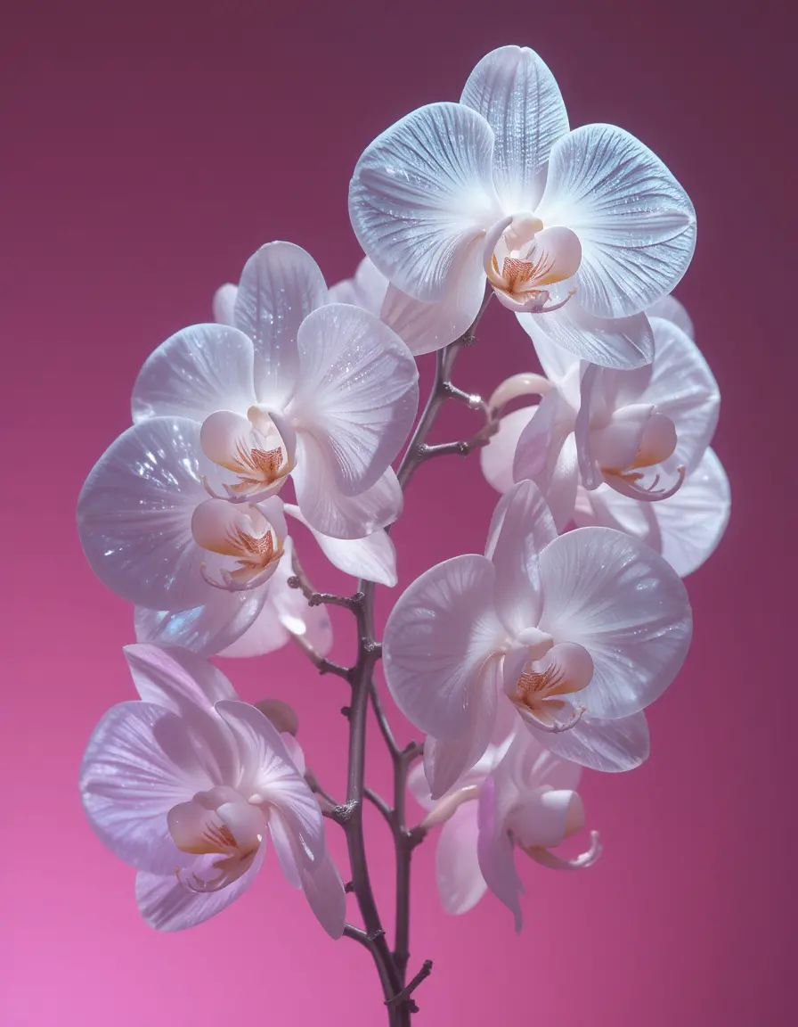Translucent glass orchids on soft pink abstract background