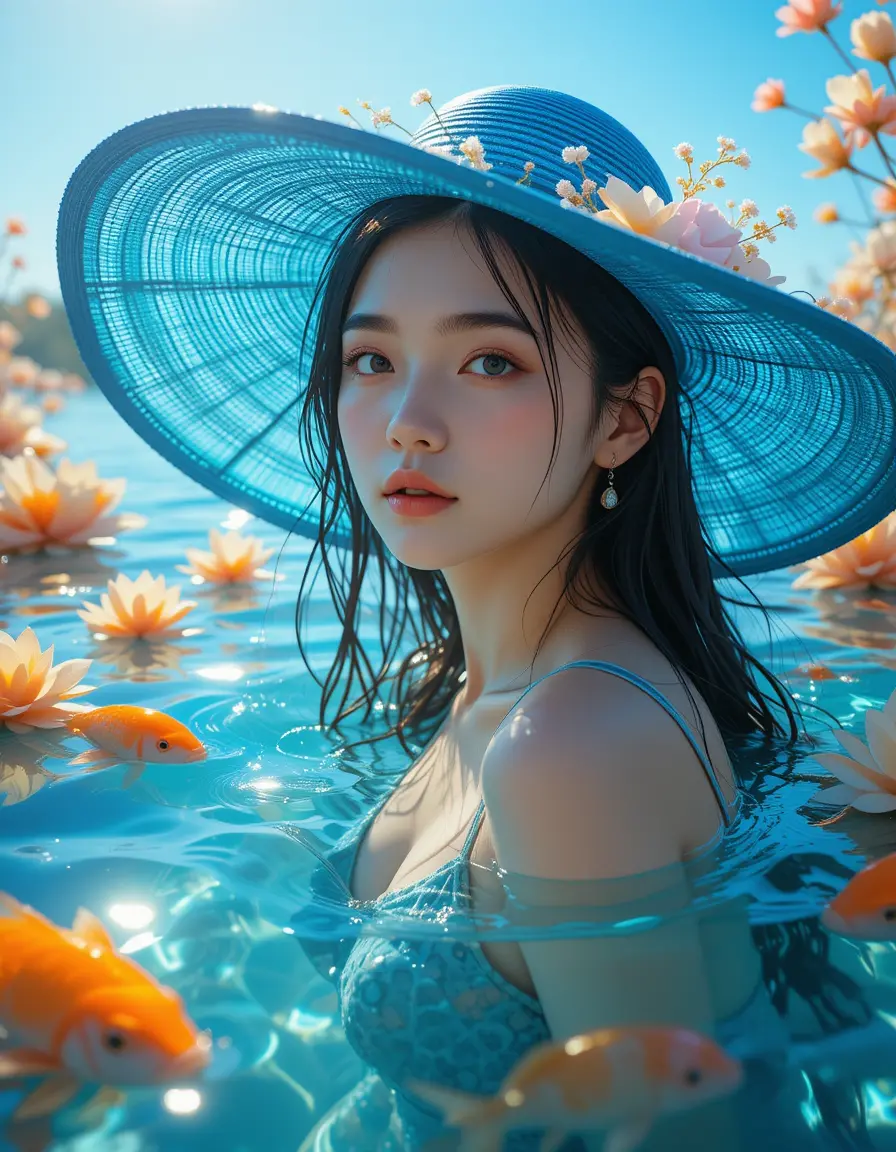 Young woman in water with blue hat and koi fish