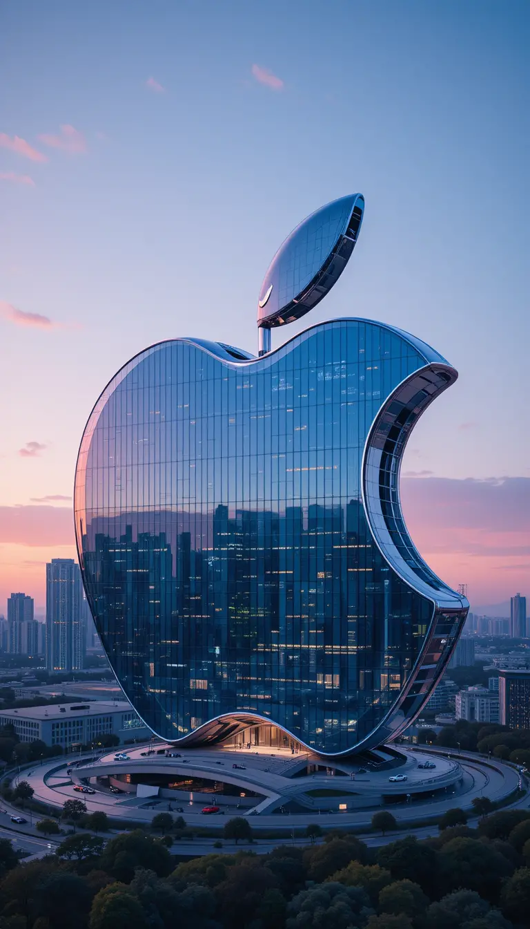 Futuristic Apple Shaped Glass Building In Neon Cityscape