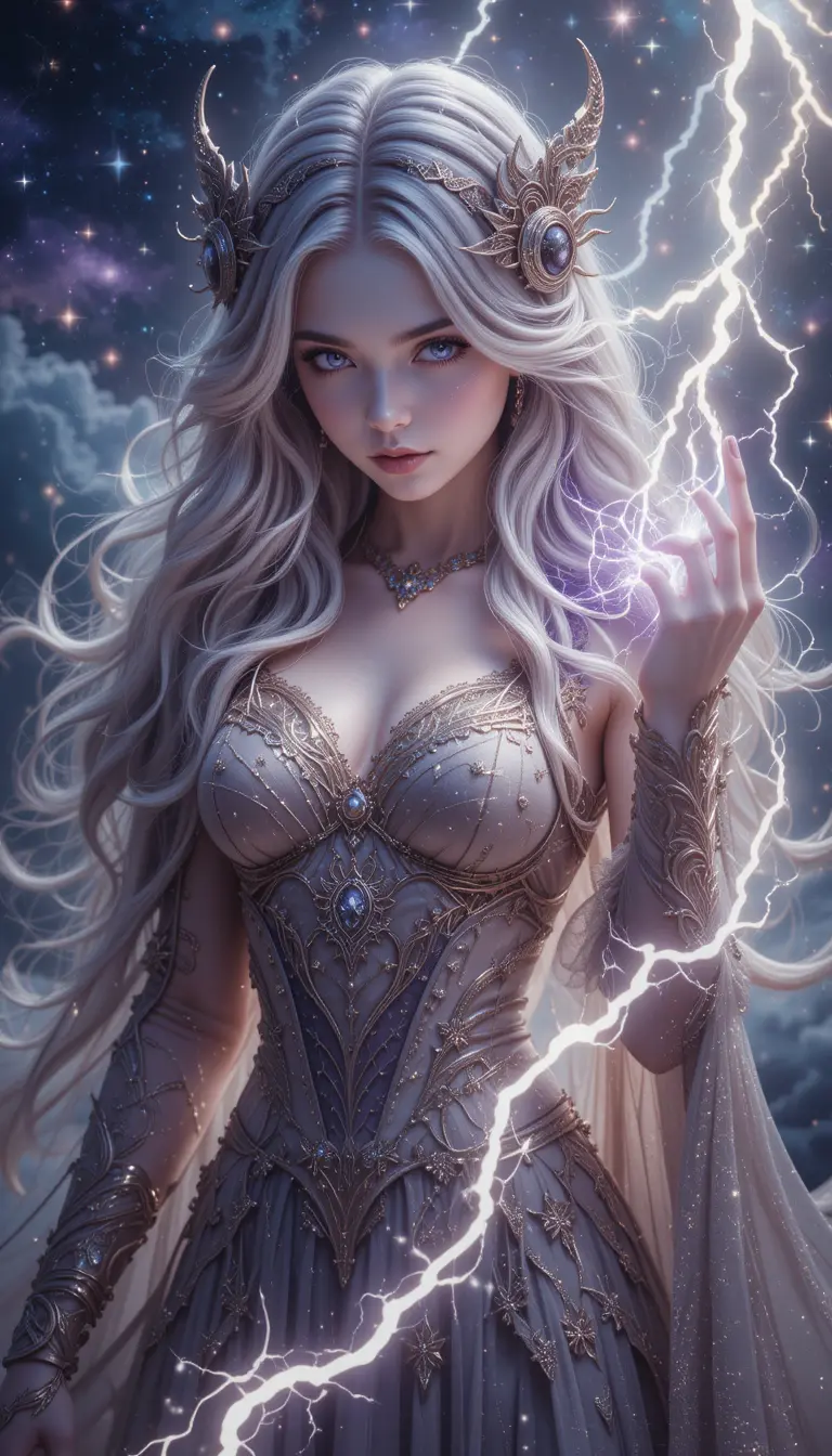 Enchanted fae sorceress cloaked in cosmic lightning
