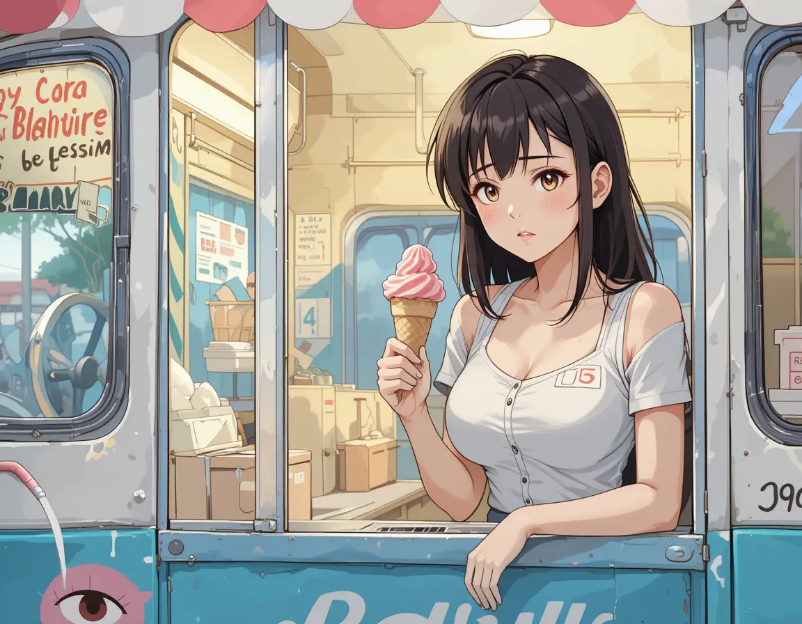 Bored anime woman by an ice cream truck illustration