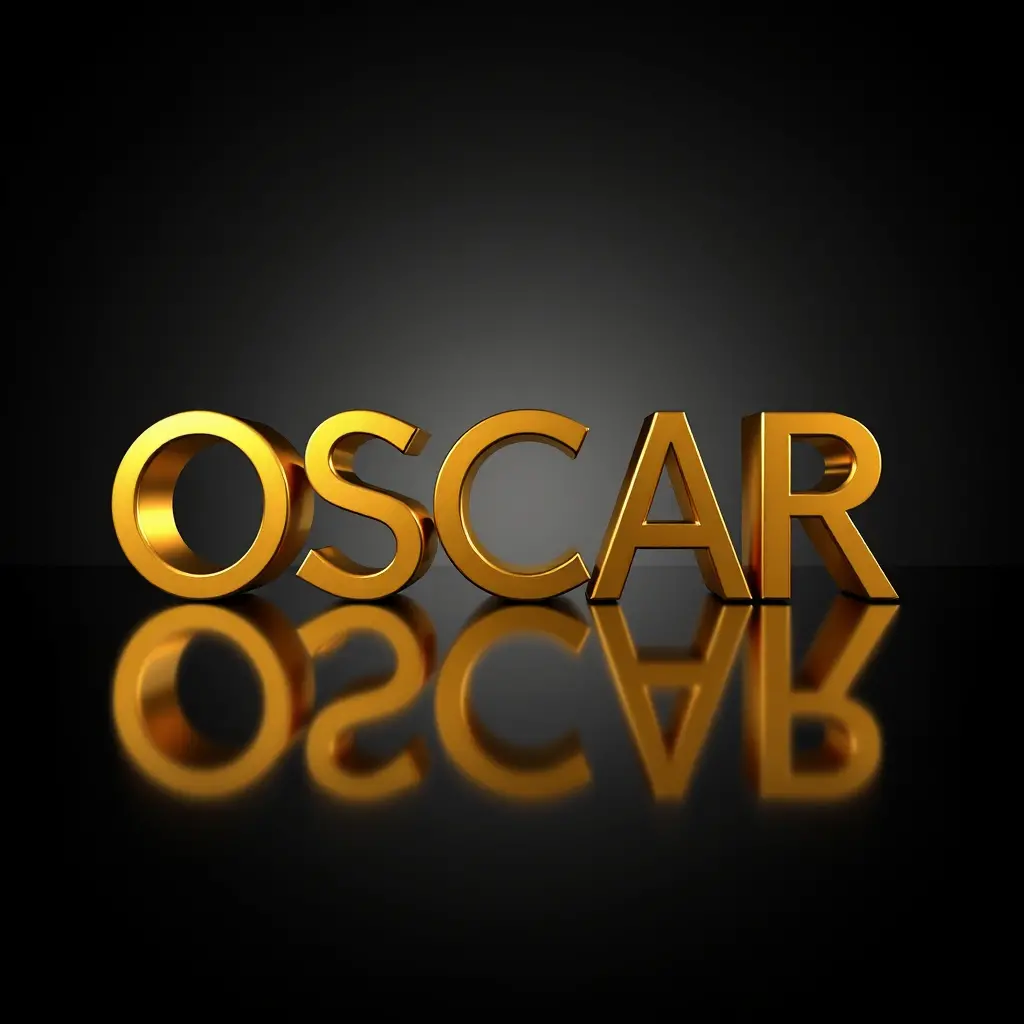 3d gold oscar text with reflective surface on dark background