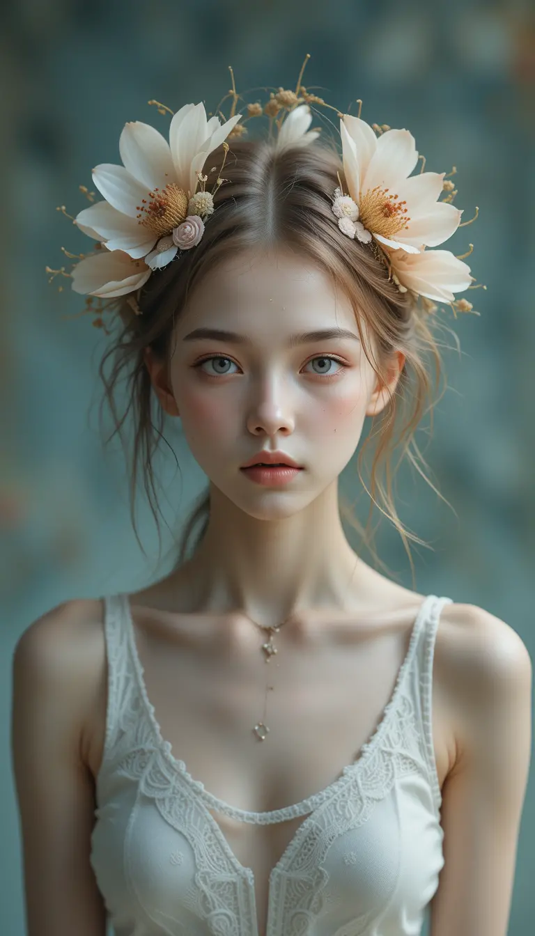 Transcendental girl transforming into a delicate flower