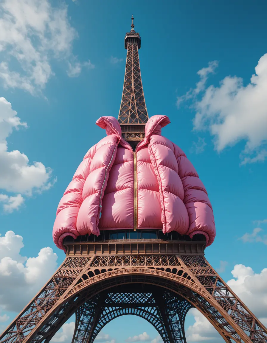 Surreal Eiffel Tower In Pink Jacket Under Blue Sky