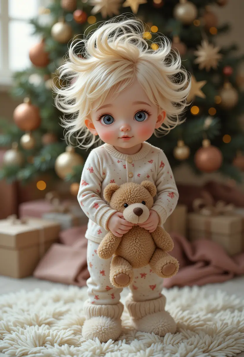 Little girl in pajamas hugging teddy under Christmas tree
